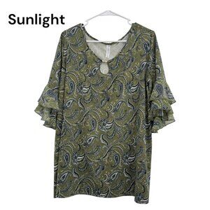 Per Seption Woman Green Paisley Ruffle 3/4 Sleeve Blouse SZ 3X  Keyhole Neckline